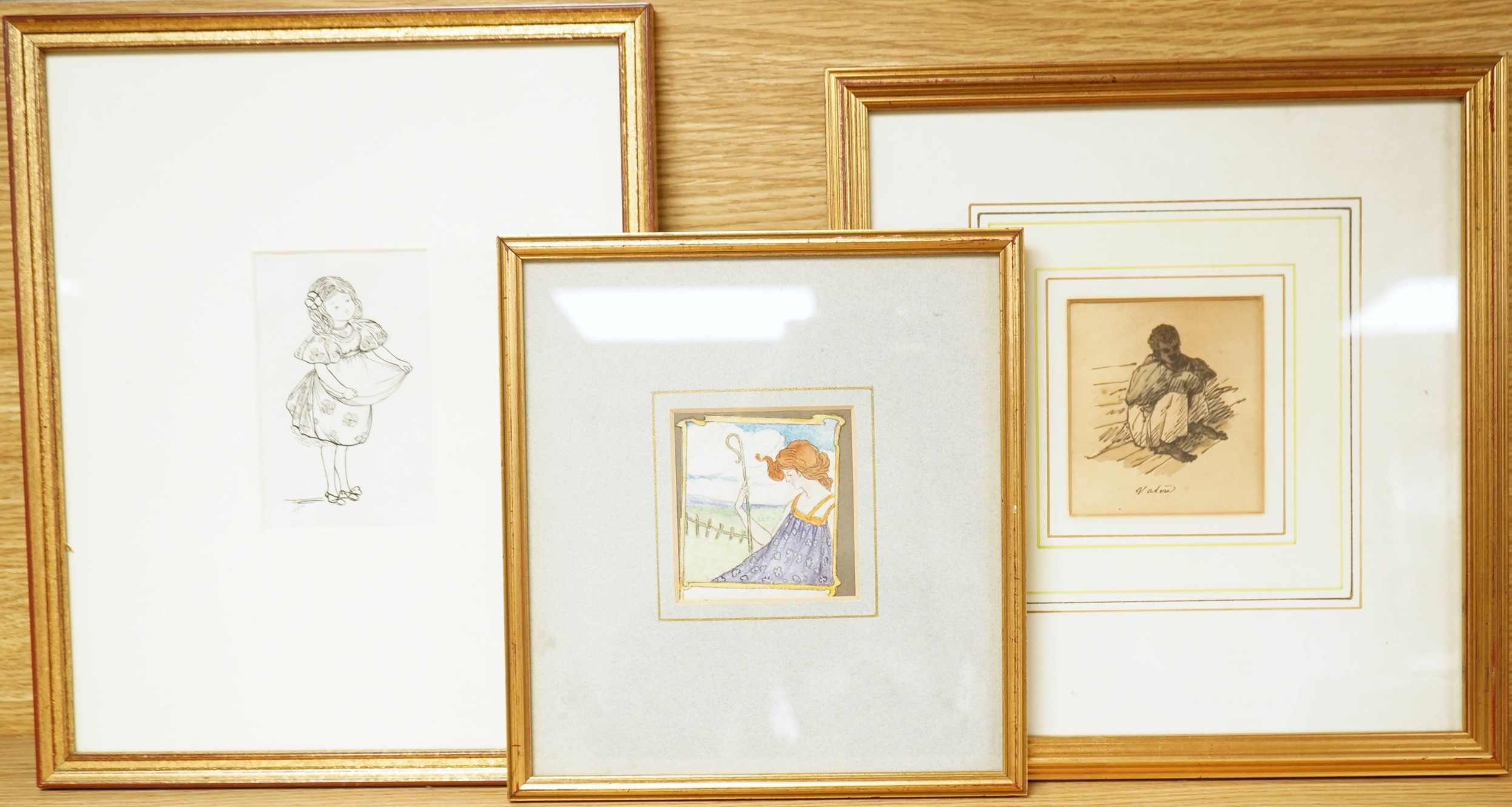 Lena Ault (fl.1900-1907), Study of a young girl, ex. Abbott & Holder, blindstamped, pen and ink, together with two other works to include an Art Nouveau style watercolour of a shepherdess, largest 11.5 x 7cm